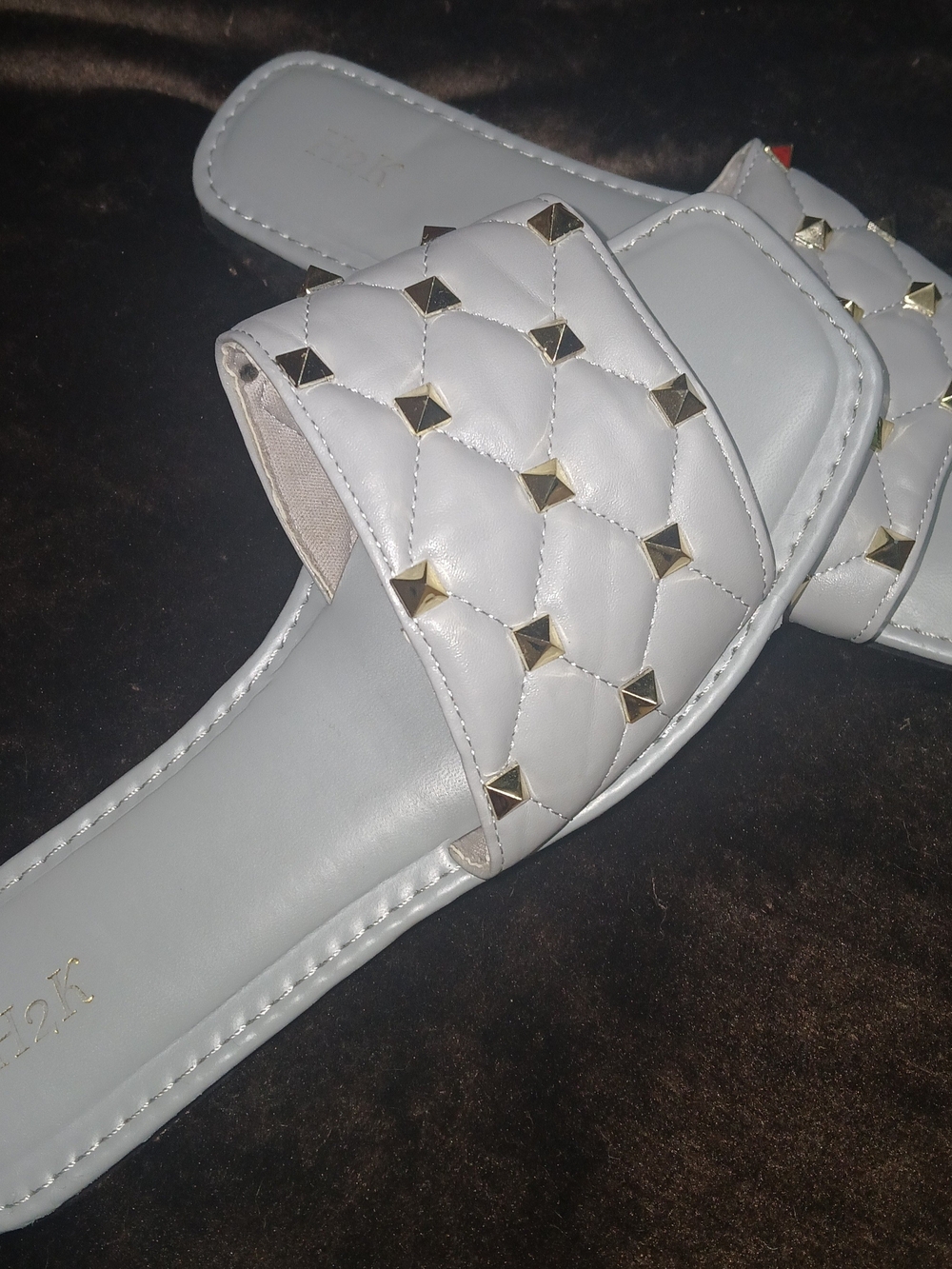 Quilted White Slide Sandals with Gold Studs - Women